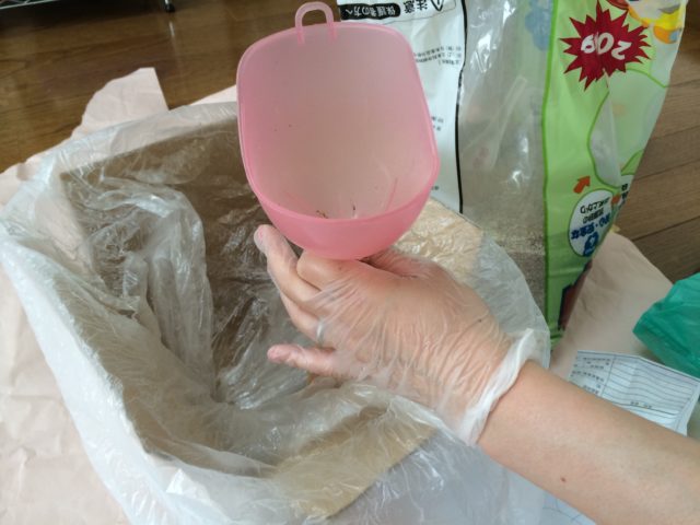 ろうとで袋に入れます。あんまりパンパンに入れると後で苦労するので七分目位を目安に。